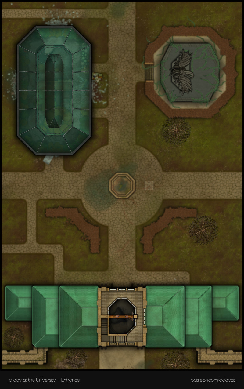 Do you dare venture into the fungus-infested basement rooms of the Campus of Human Sciences? I hope you haven't forgotten your gas mask. > a day at the university battlemaps - Lecture & medical faculty building [82x26, abandoned version] & Entrance [27x43
