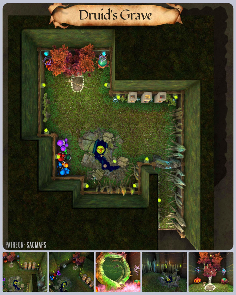 Druid's Grave (14x16) - a site for your players to venerate in exchange for a blessing, or merely a grave-robbing opportunity? (Free light & dark maps, plus over 1,200 other free maps!)