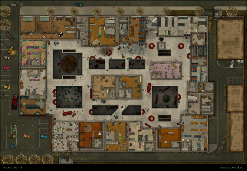 a day at the mall [75x52] [abandoned / apocalyptic version] – Ground Floor, Upper Floor, Roof & Handouts