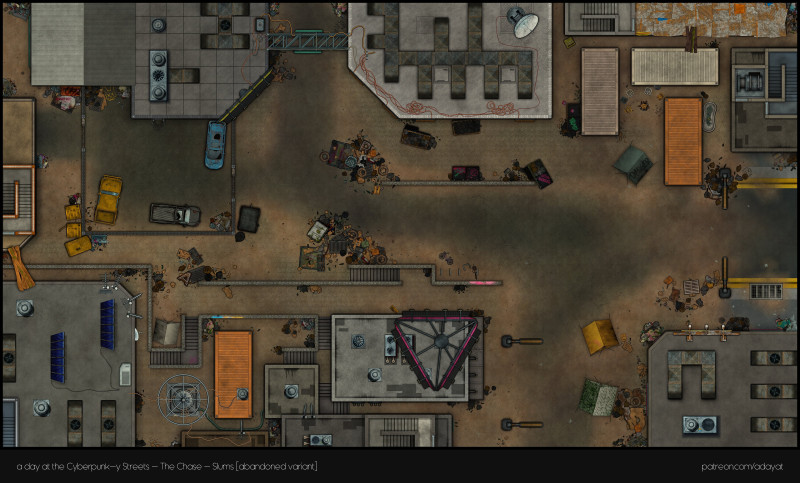 Just wanted to share are all free map releases I made for my cyberpunk-y streets content pack: Slums & construction [aband.], Bridge & Garage [modern] [48x29] + Night market [60x48, modern] & Casino [70x62, modern] & Corporate Plaza [60x77, modern] in the