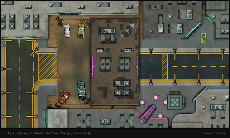 Just wanted to share are all free map releases I made for my cyberpunk-y streets content pack: Slums & construction [aband.], Bridge & Garage [modern] [48x29] + Night market [60x48, modern] & Casino [70x62, modern] & Corporate Plaza [60x77, modern] in the