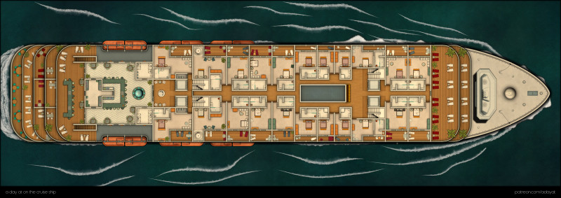 a day on the cruise ship - multi level map (deck -1 to deck 3 as abandoned variant & deck 4 to 7 + roof as modern variant) + floorplan handouts [99x35]