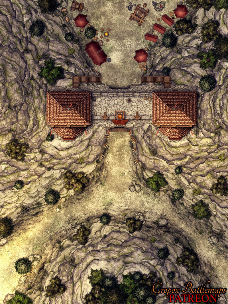Mountain Gate 30x40 battle map + scene - Cropox Battlemaps & Red Sun Art