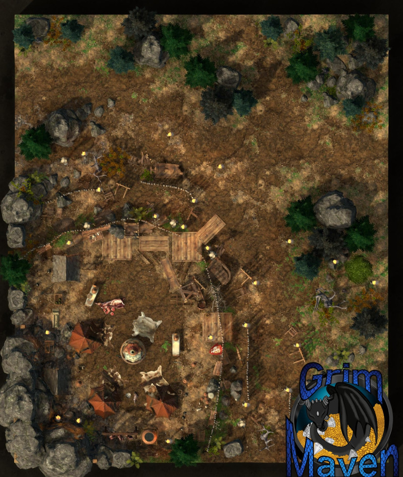 "Goblin Camp"(27x32) crude walls, stolen supplies and lots of hiding points! Abandoned or armed? Either way, good luck!