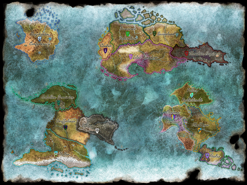 WIP my first parchment world map, 2 versions locations/roads and political w/ heraldry