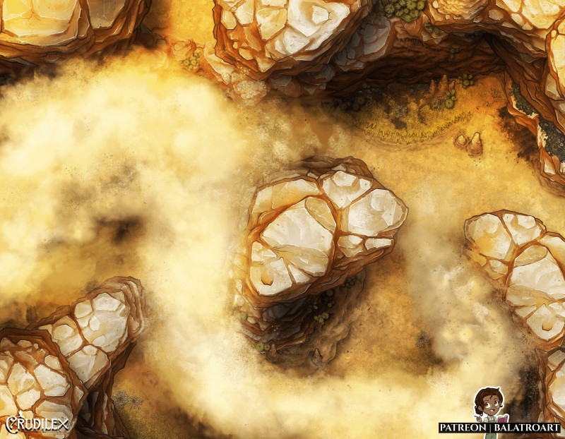 The Fangs serve as an impassable barrier made up of needling sandstorms and dangerous jagged mesas. Only a fool would try to cross, If the sand doesn't shred you the creatures burrowing below surely will.