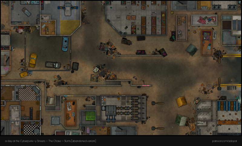 Just wanted to share are all free map releases I made for my cyberpunk-y streets content pack: Slums & construction [aband.], Bridge & Garage [modern] [48x29] + Night market [60x48, modern] & Casino [70x62, modern] & Corporate Plaza [60x77, modern] in the