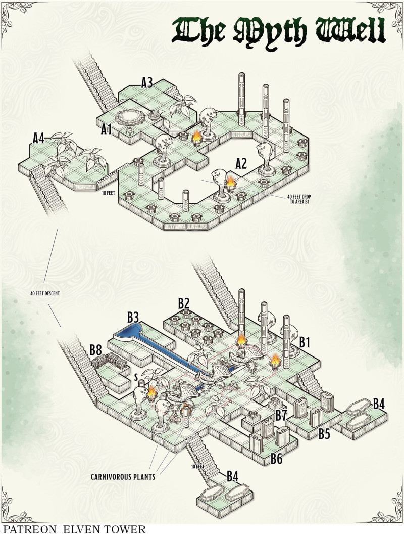 Map 838 and 839 - The Myth Well - Dungeon and its Isometric View