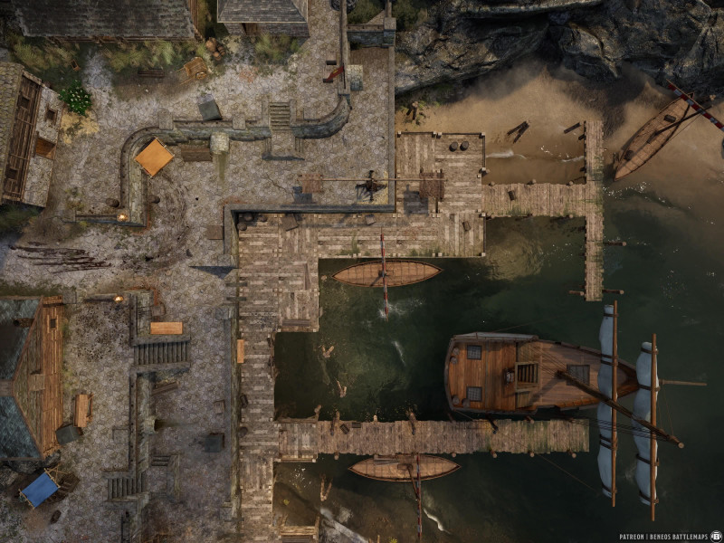 Headisport Harbor | [Animated Battlemap] [48x36] [100px per Square] [Gridless] [3D Rendered] [OC] | Beneos Battlemaps