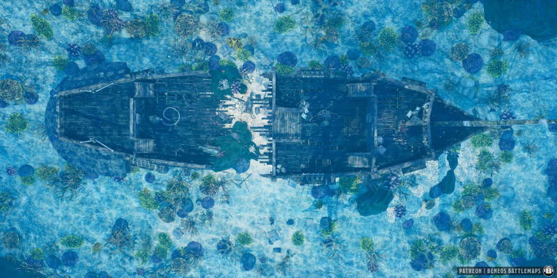 Underwater Shipwreck | [Animated Battlemap] [32x18] [120px per Square] [Gridless] [3D Rendered] [OC] | Beneos Battlemaps