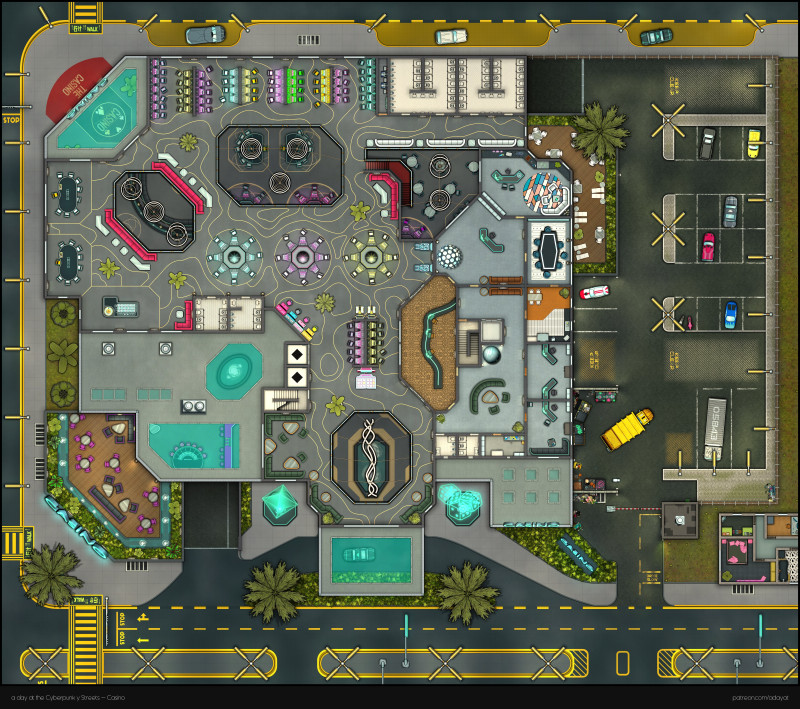 a day at the Cyberpunk-y Streets - Part 2: The Casino [70x62] [modern variant. Basement, Ground floor & Upper floor + Floorplan Handouts]