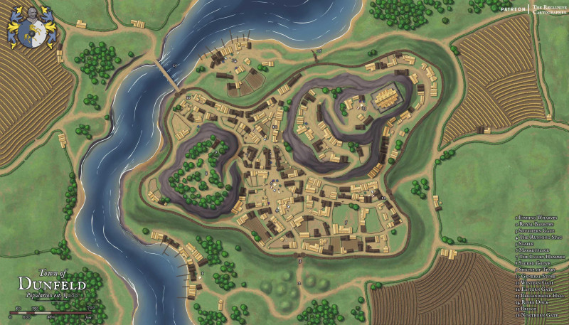 The Town of Dunfeld - Edoras Inspired - RC - Drawn in Procreate - Settlement Map
