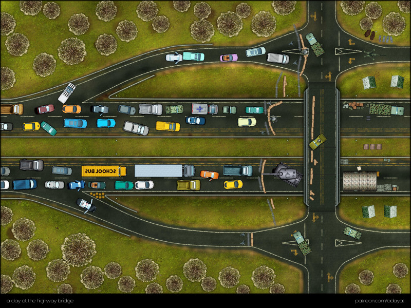 “Back then, everyone tried to leave the city at the same time - how are we supposed to get through this traffic chaos?” [three different biomes: snow, desert and green with different traffic situations] [60x45]