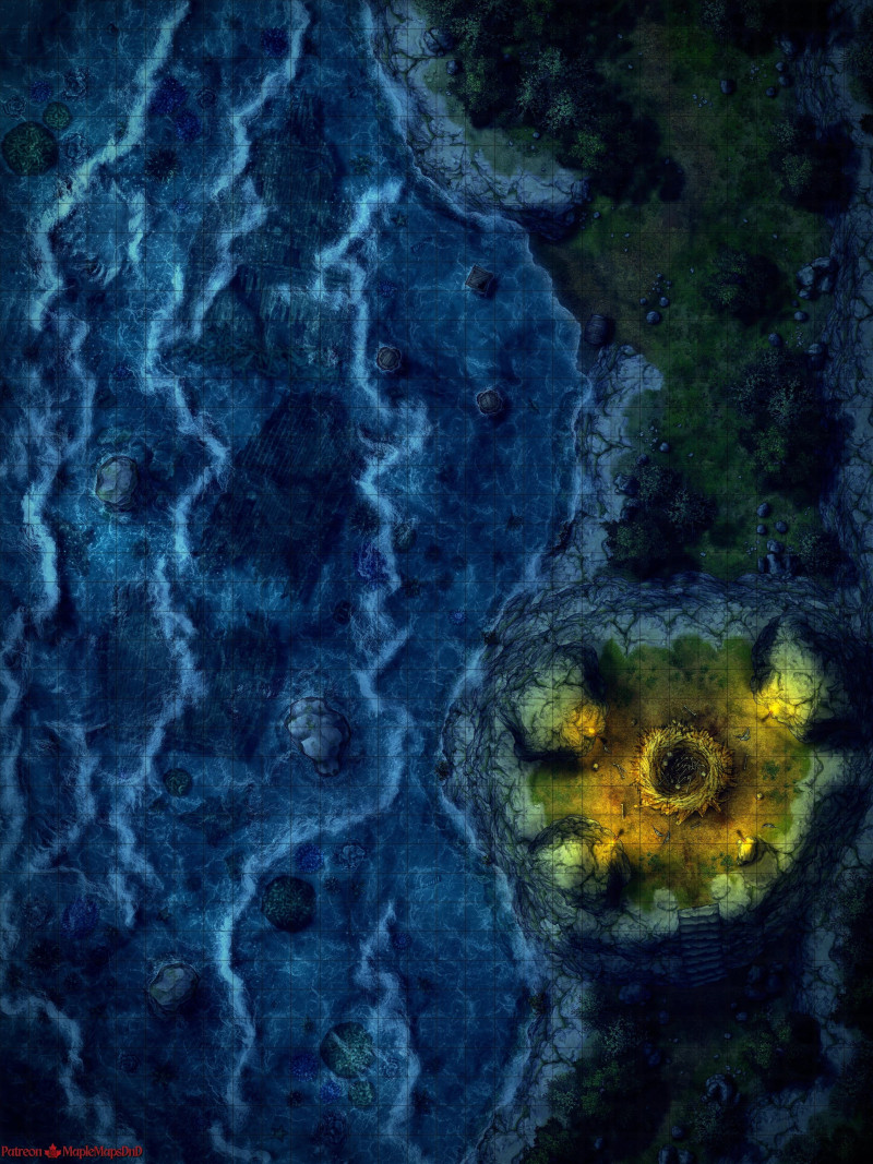 Harpy Nest by MapleMapsDnD (day - night, with and without grid) | [Battle Map] [No AI] [OC] [Art]