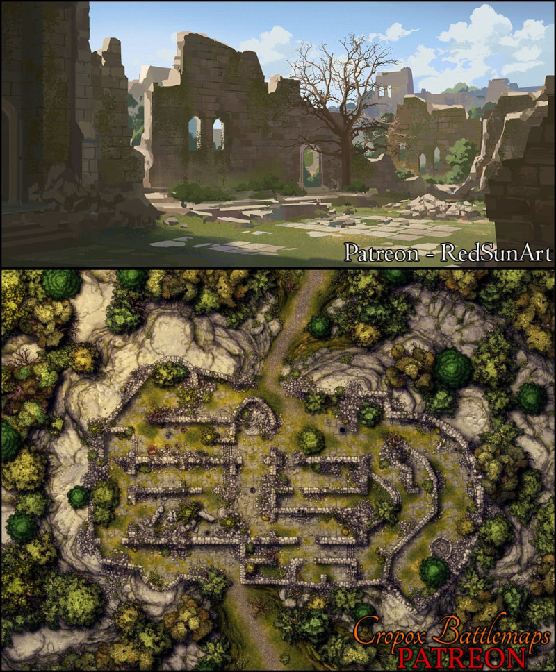 Forsaken Bastion 55x40 battle map & scene (Cropox Battlemaps & Red Sun Art)