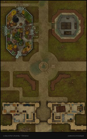 Do you dare venture into the fungus-infested basement rooms of the Campus of Human Sciences? I hope you haven't forgotten your gas mask. > a day at the university battlemaps - Lecture & medical faculty building [82x26, abandoned version] & Entrance [27x43