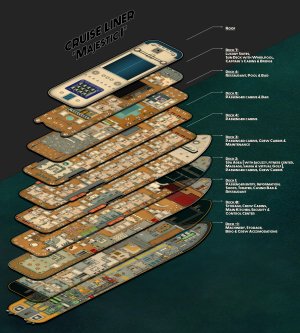 a day on the cruise ship - multi level map (deck -1 to deck 3 as abandoned variant & deck 4 to 7 + roof as modern variant) + floorplan handouts [99x35]