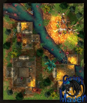 "Fey Temple" (27x32) an ancient ruin, a ritual tree. Something buried beneath? Or a trap waiting to be triggered?