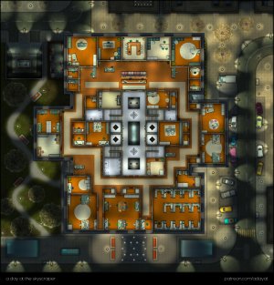 a day at the skyscraper – a multilevel battlemap over 7 unique floors [45x47] [nighttime with blurry background variants]