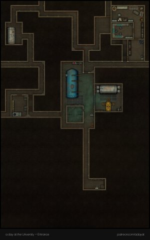 Do you dare venture into the fungus-infested basement rooms of the Campus of Human Sciences? I hope you haven't forgotten your gas mask. > a day at the university battlemaps - Lecture & medical faculty building [82x26, abandoned version] & Entrance [27x43