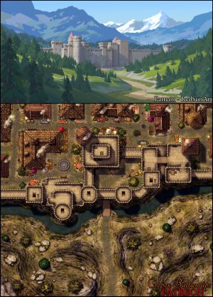 Main Gate Fortress 44x40 battle map & scene (Cropox Battlemaps & Red Sun Art)