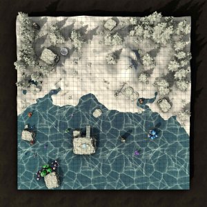 [OC] The Crystalline Lake — a frozen battlemap with a twist (Before/After the monster surfaces)