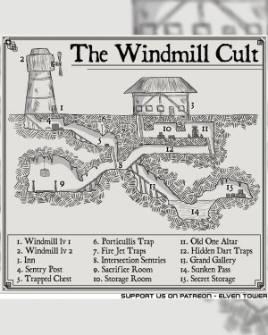 Map of a Mill - Small dungeon (side-view) below - The Windmill Cult