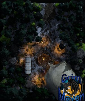 "Giants Camp"(27x32) oh good there's a nice bit of cover in that weirdly white rock over there! Perfect for a camping spot. They'll get a fright in the day time when they realise.