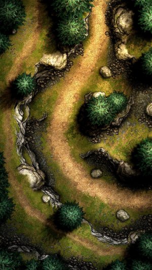 Pine Gulley 32x18 Battlemap by Runebear Cartography (+Storm Variant)