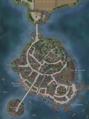 Yshanti: The City of Masks. An mercantile city-state ruled by 8/9 oligarchs who each control an ancient tower from the age of gods