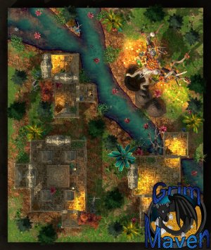 "Fey Temple" (27x32) an ancient ruin, a ritual tree. Something buried beneath? Or a trap waiting to be triggered?