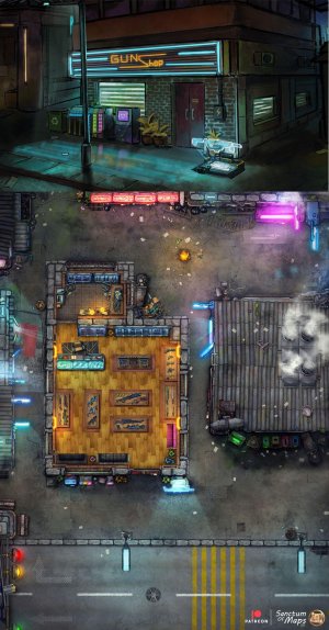 Future Weapons Dealer | Battlemap & Scene 25x30