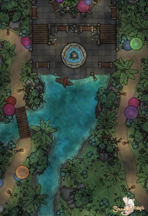 [24x35] Fey Fountain Forest Path Night
