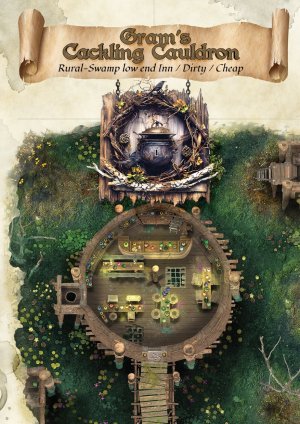 The soup is bubbling... Gram’s Cackling Cauldron [20x35] 3-Floor Swamp Tavern [OC]
