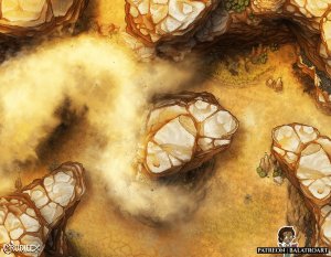 The Fangs serve as an impassable barrier made up of needling sandstorms and dangerous jagged mesas. Only a fool would try to cross, If the sand doesn't shred you the creatures burrowing below surely will.