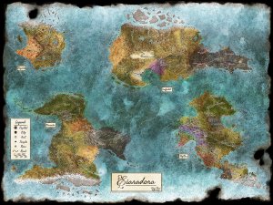 WIP my first parchment world map, 2 versions locations/roads and political w/ heraldry