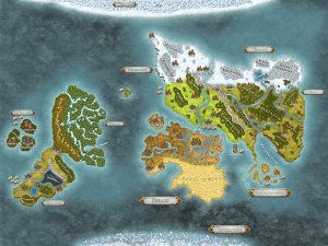 Hello! I really would like some criticism about my map. I'm not sure about the shapes of the continents and general decorations in the desert-savanah region. (Names are in german sorry)