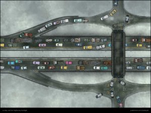 “Back then, everyone tried to leave the city at the same time - how are we supposed to get through this traffic chaos?” [three different biomes: snow, desert and green with different traffic situations] [60x45]