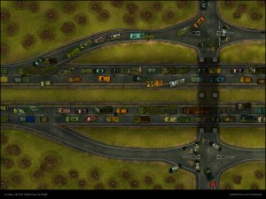 “Back then, everyone tried to leave the city at the same time - how are we supposed to get through this traffic chaos?” [three different biomes: snow, desert and green with different traffic situations] [60x45]