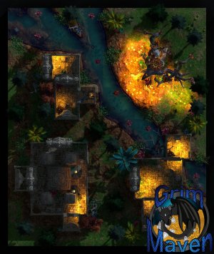 "Fey Temple" (27x32) an ancient ruin, a ritual tree. Something buried beneath? Or a trap waiting to be triggered?