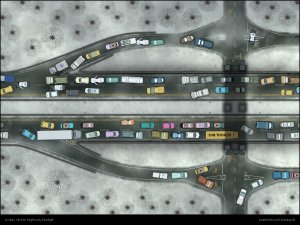 “Back then, everyone tried to leave the city at the same time - how are we supposed to get through this traffic chaos?” [three different biomes: snow, desert and green with different traffic situations] [60x45]