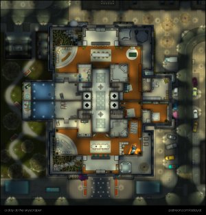 a day at the skyscraper – a multilevel battlemap over 7 unique floors [45x47] [nighttime with blurry background variants]