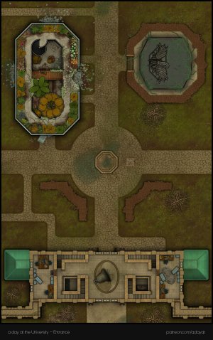 Do you dare venture into the fungus-infested basement rooms of the Campus of Human Sciences? I hope you haven't forgotten your gas mask. > a day at the university battlemaps - Lecture & medical faculty building [82x26, abandoned version] & Entrance [27x43
