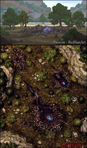 The Mysterious Meteorite Impact 30x40 Battle Map + Scene | Cropox Battlemaps & Red Sun Art