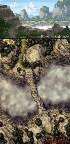 Mountain’s Spine Crossing 30x45 Battle Map + Scene | Cropox Battlemaps & Red Sun Art