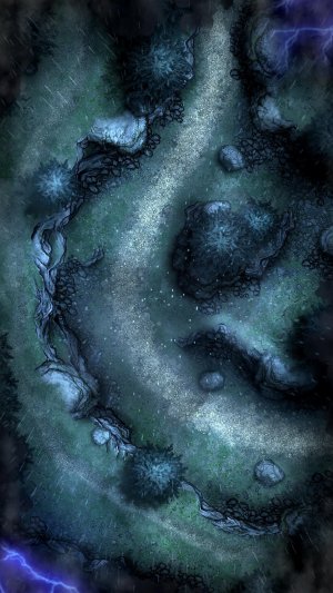 Pine Gulley 32x18 Battlemap by Runebear Cartography (+Storm Variant)