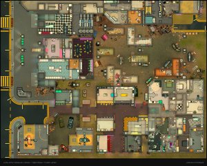 Just wanted to share are all free map releases I made for my cyberpunk-y streets content pack: Slums & construction [aband.], Bridge & Garage [modern] [48x29] + Night market [60x48, modern] & Casino [70x62, modern] & Corporate Plaza [60x77, modern] in the