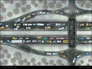 “Back then, everyone tried to leave the city at the same time - how are we supposed to get through this traffic chaos?” [three different biomes: snow, desert and green with different traffic situations] [60x45]