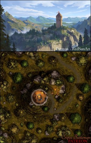 Guard Tower 30x30 battle map & scene (Red Sun Art & Cropox Battlemaps)