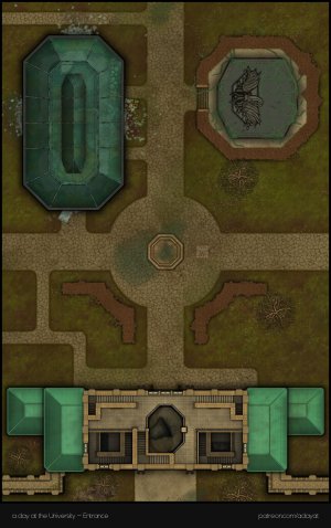 Do you dare venture into the fungus-infested basement rooms of the Campus of Human Sciences? I hope you haven't forgotten your gas mask. > a day at the university battlemaps - Lecture & medical faculty building [82x26, abandoned version] & Entrance [27x43
